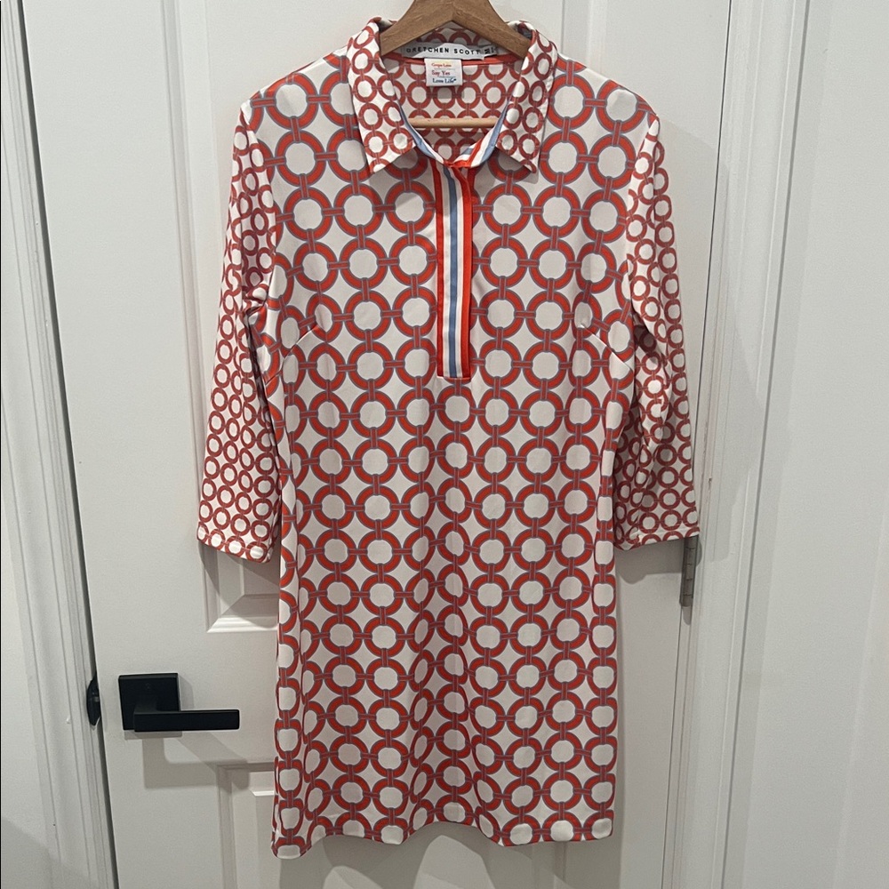 Gretchen Scott Designs White & Orange Circular Geo Polo Dress Size Medium